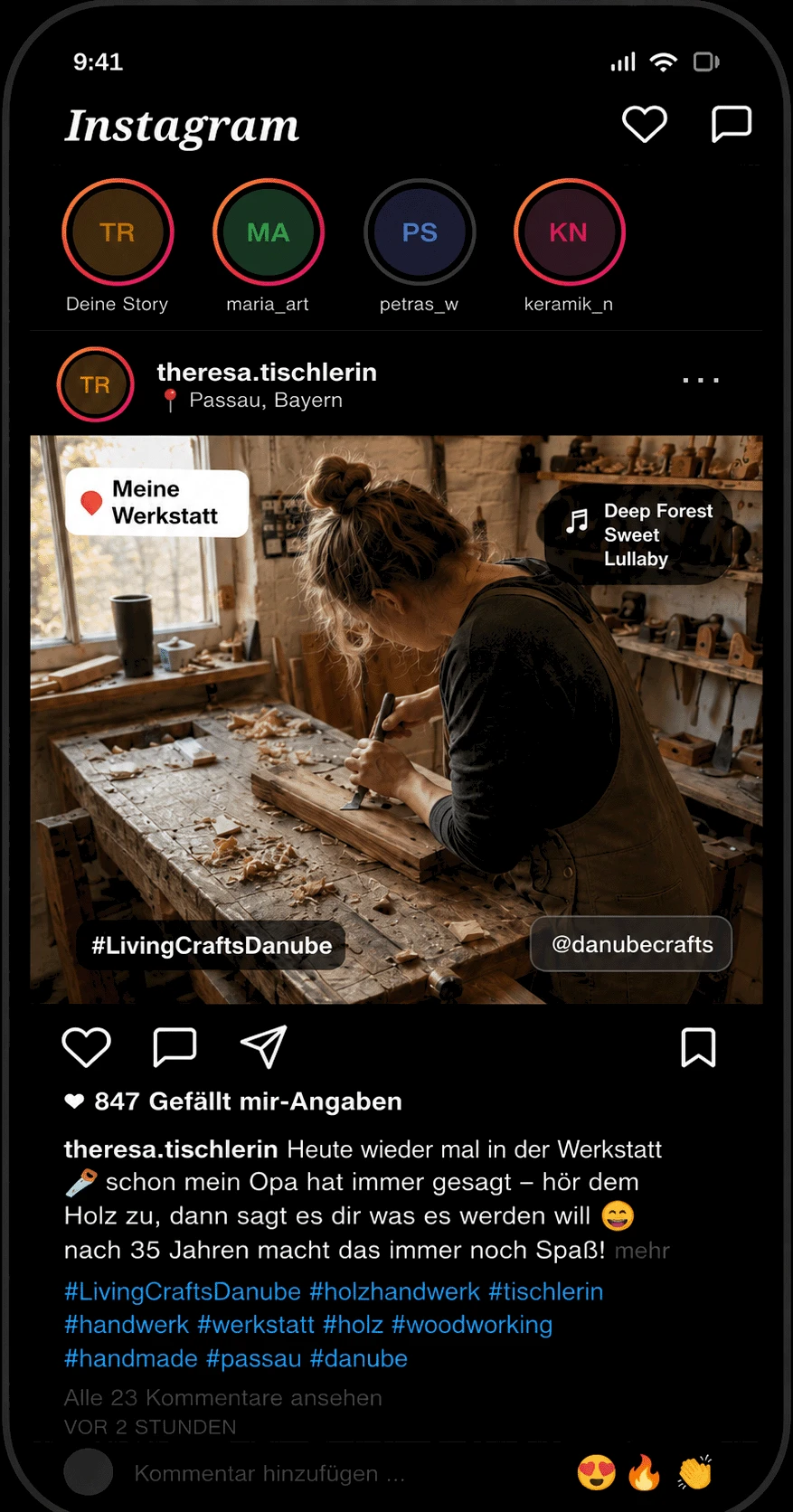 Smartphone with Danube Crafts Instagram and LinkedIn posts